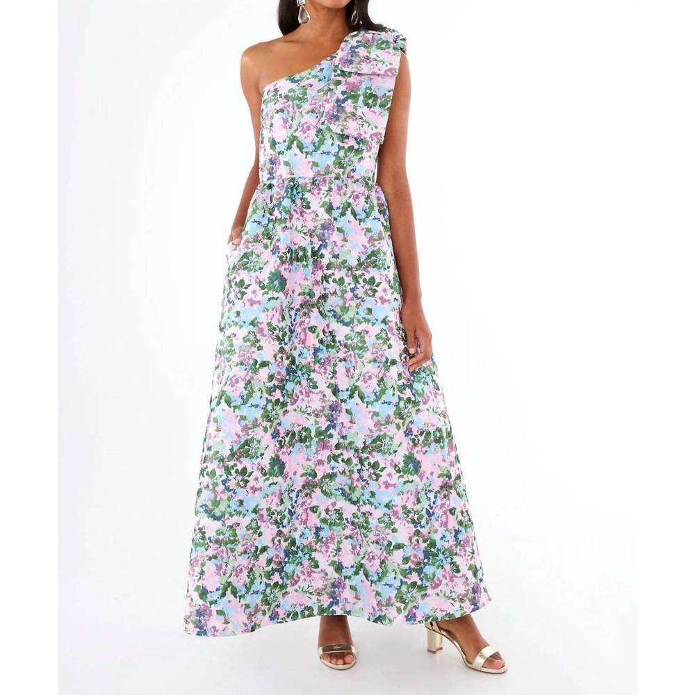 One-Shoulder Floral Prom Dress in Pink and Green